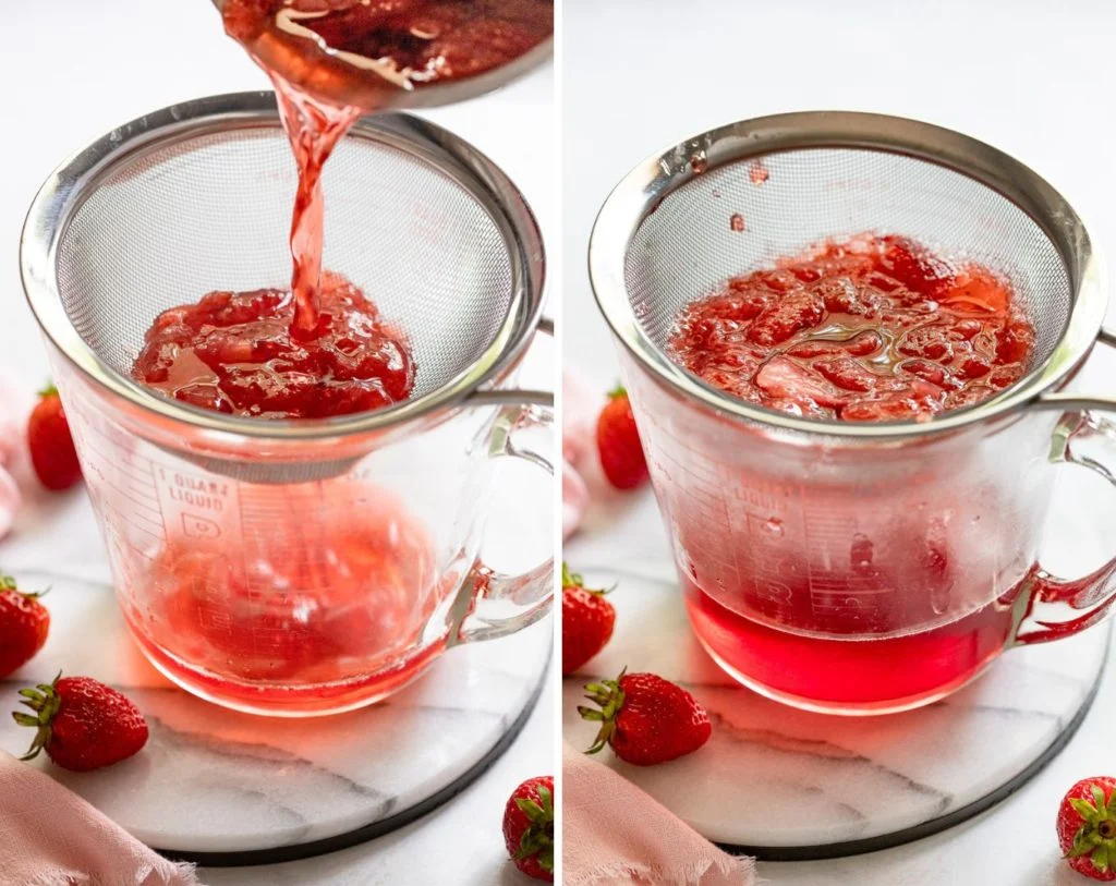 Straining strawberry moonshine leaving behind the solids