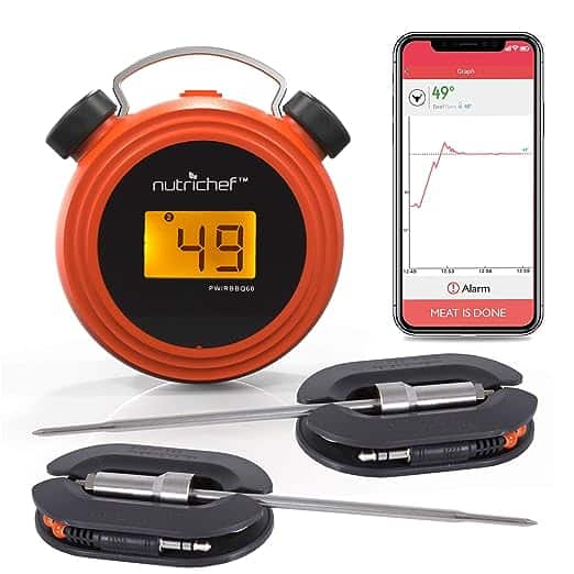 Wireless Meat Thermometer NutriChef Smart Bluetooth BBQ Grill Thermometer - Digital Display, Stainless Dual Probes