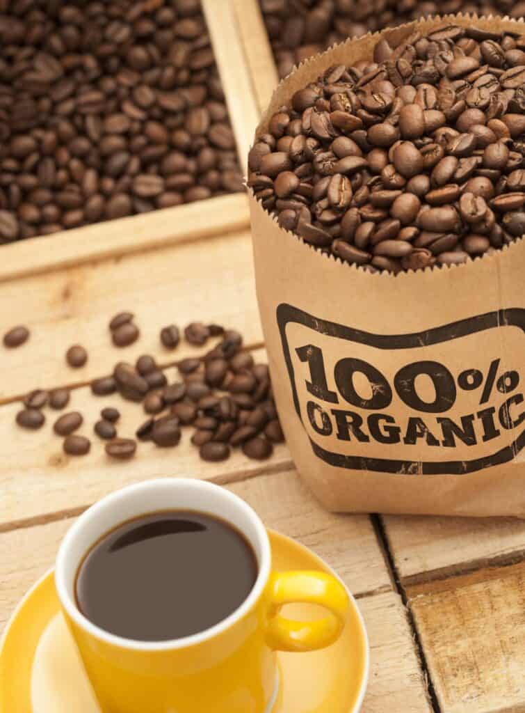organic coffee beans and black coffee